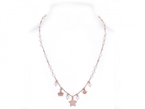 collana in argento color rosa con perle, campanella chiama angeli e corona
